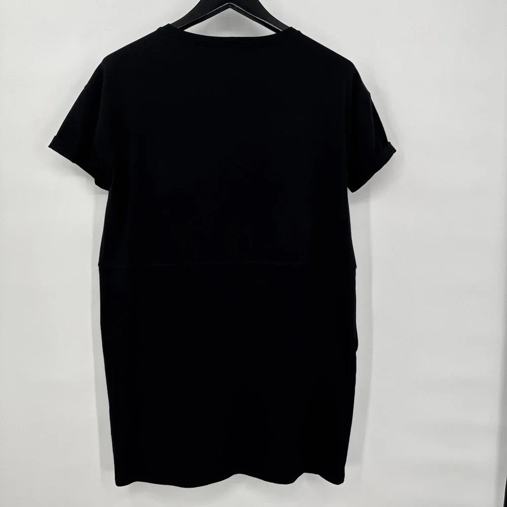Eileen Fisher Black Organic Cotton Spandex Midi Dress Minimalist Boxy Pockets PM